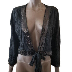 Tuberose Bolero Crop Top Womens XL Black Sequin 3/4 Sleeve Shrug Tie Front
